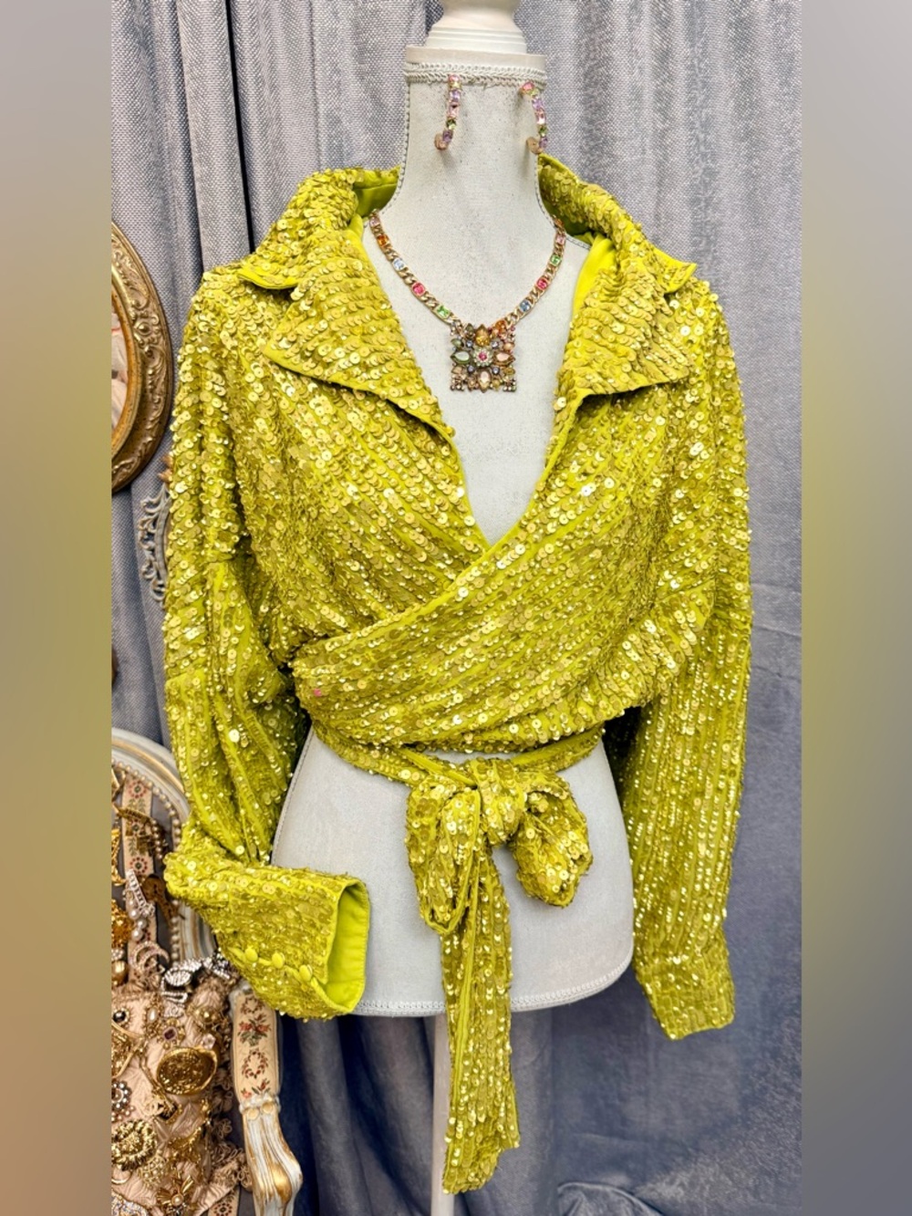 Green Sequins Cropped Blouse with Jewelry